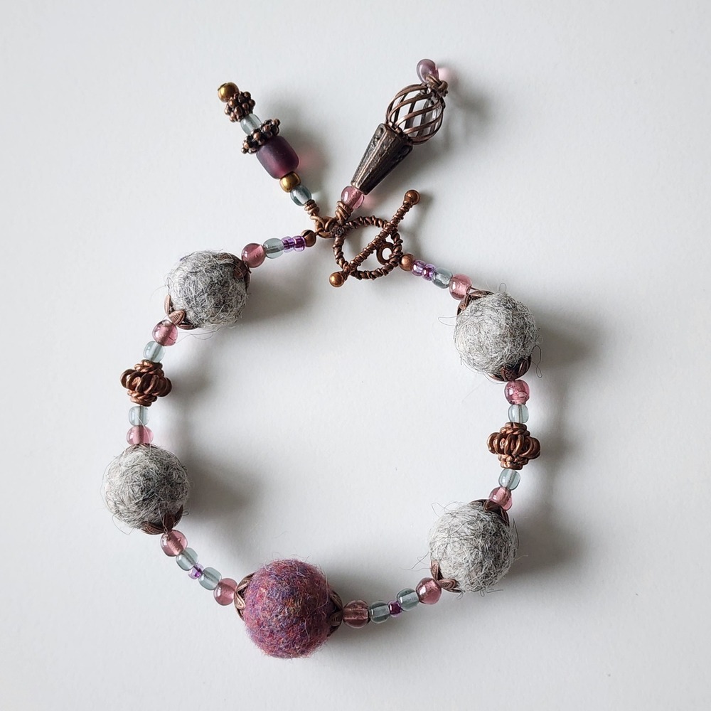 Felted Wool Bead Bracelet Womens 9" Purple Grey Copper Toggle Boho Fairy Natural